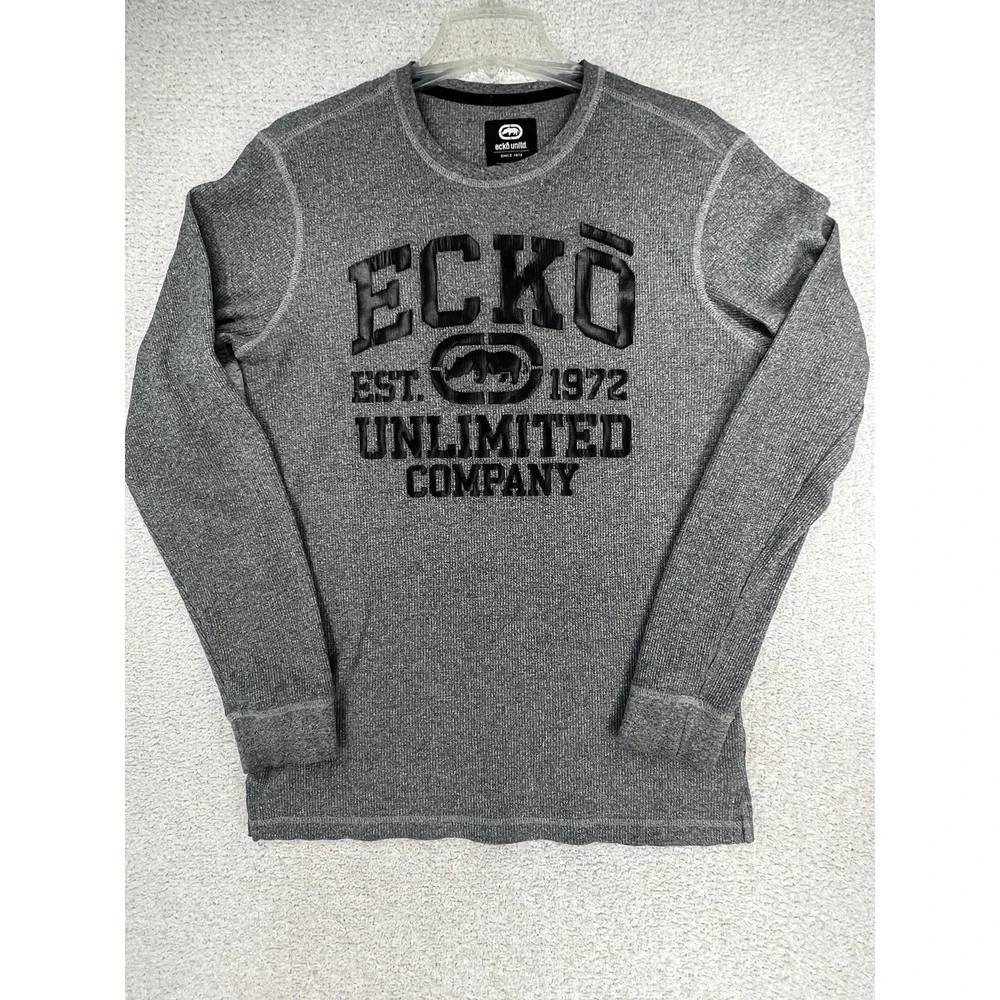 Ecko Unltd Shirt Mens L Waffle Knit Rhino Logo Gray Long Sleeve Thermal Y2K EUC